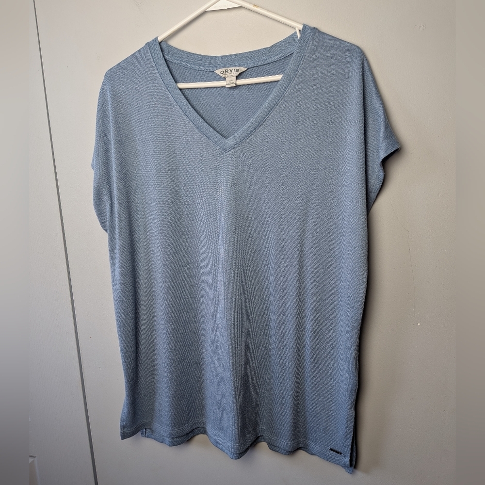 ORVIS Women Blue Shirt Top Size Large Stretch V Neck